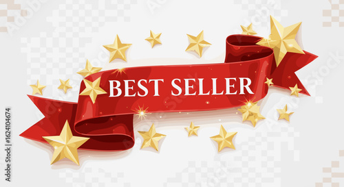 A red best seller ribbon surrounded by golden stars on a transparent background illustration style