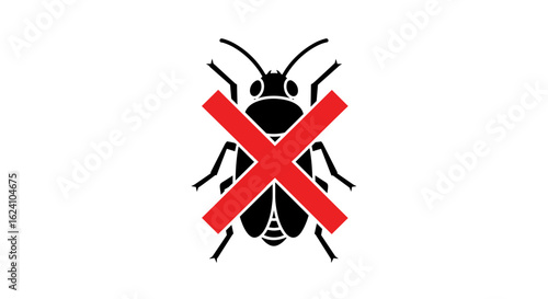 Black insect with antennae and legs is crossed out with a red x on a white background image icon