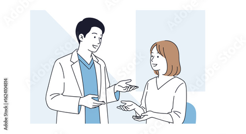 Doctor in white coat conversing with a female patient in a clinic setting with light blue background
