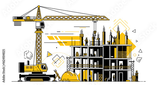 Illustration of a construction site with crane building under construction and workers in yellow and black