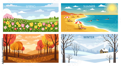 Illustration depicting the four seasons spring summer autumn and winter with corresponding landscapes and activities