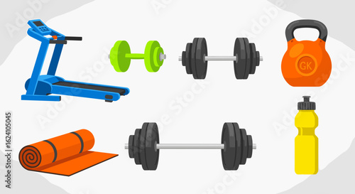 Illustration featuring treadmill dumbbells kettlebell yoga mat and water bottle on a white background