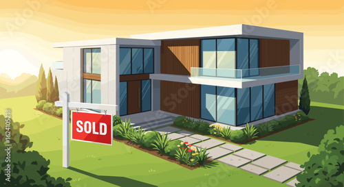 Illustration of a modern two story house with large windows and a sold sign in the front yard area
