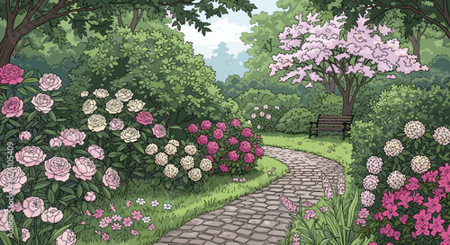 Illustration of a garden path with flowers bushes and a bench under a blossoming tree in a park setting