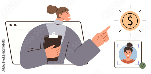 Woman holding clipboard pointing at financial symbol with digital profile verification. Ideal for finance, online identity, digital management, professional growth, business tools, security