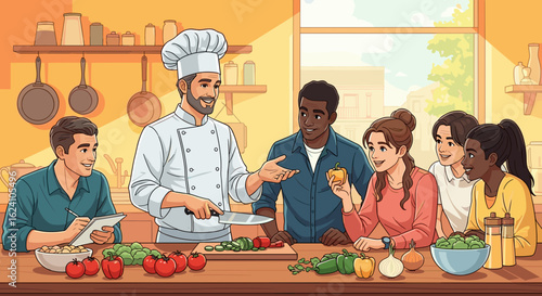 Chef demonstrating cooking skills to a group of diverse people around a kitchen counter with vegetables