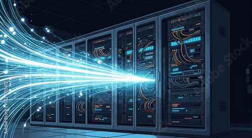 A server room with multiple racks and blue light streaks indicating data flow and network connectivity shown
