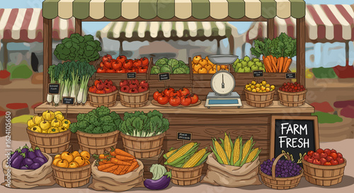 Illustration of a farm stand filled with fresh produce including tomatoes corn and various other vegetables