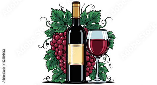 Illustration of a wine bottle with a glass of red wine and grapes with leaves in the background