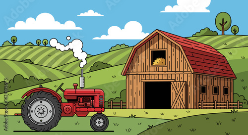 Illustration of a red tractor in a field with a barn and rolling hills under a partly cloudy sky scene