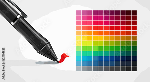 Illustration of a black stylus drawing a red line next to a color palette with various shades and hues