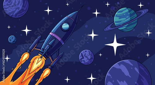 Illustration of a rocket ship blasting off in space surrounded by planets and twinkling stars around it