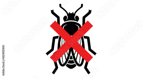 Black insect silhouette with a prominent red x mark indicating prohibition or pest control measure taken