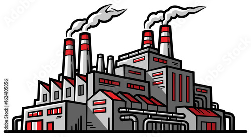 Illustration of a large industrial factory with multiple smokestacks emitting smoke into the atmosphere