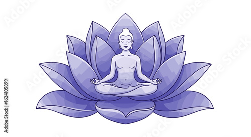 Meditating figure seated in lotus position within a large stylized purple lotus flower illustration