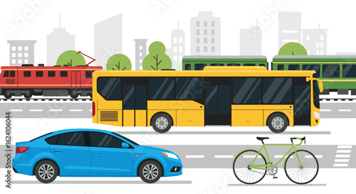 Illustration of various modes of transportation including car bus train and bicycle in a city scene