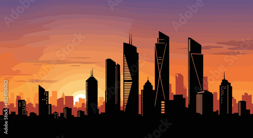Silhouette of a city skyline with tall buildings against an orange and purple sunset sky background scene