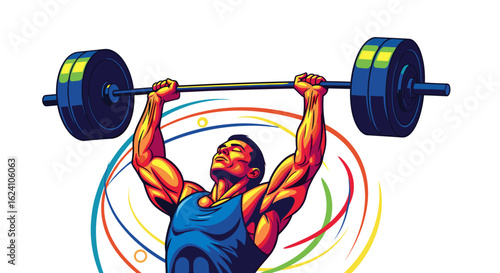 Illustration of a weightlifter lifting a barbell overhead surrounded by colorful circular lines design