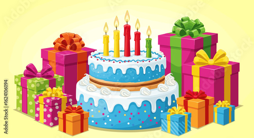 Illustration of a two tiered cake with candles surrounded by colorful wrapped presents and bows design