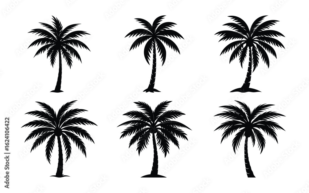 Fototapeta premium Vector art of palm tree silhouettes isolated on white background for tropical design