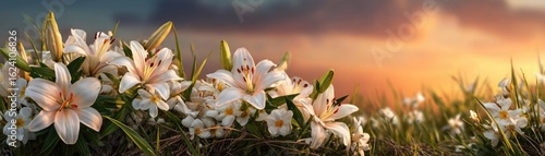 Lily gardenia by flower crown concept. Beautiful lilies blooming in a serene sunset landscape.