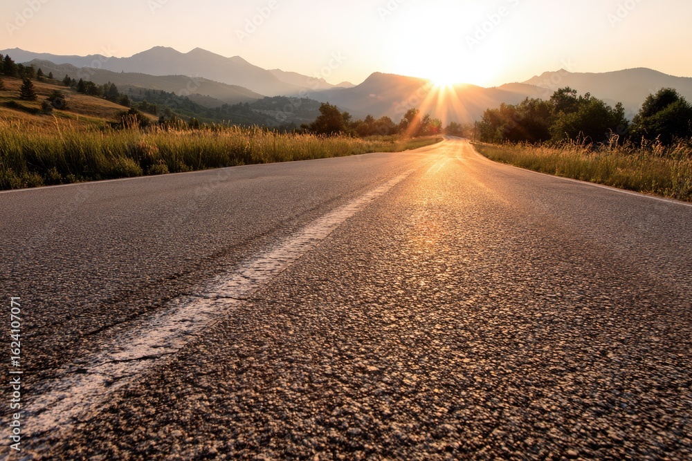 Fototapeta premium Asphalt road leading to sunset over mountains
