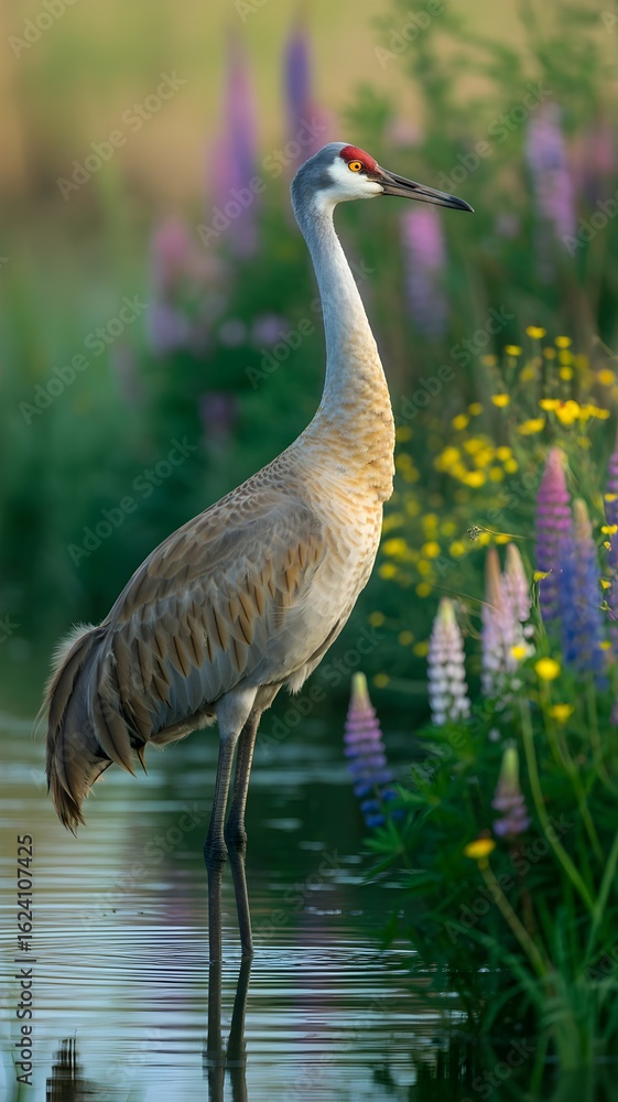 Naklejka premium A Graceful Sandhill Crane in a Field of Wildflowers A majestic bird stands elegantly among vibrant flora at the water's edge