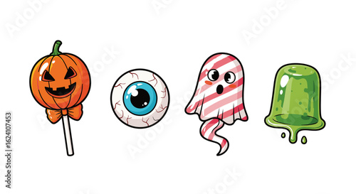 Cute halloween icons vector illustration pumpkin lollipop ghost eyeball jelly clip art for kids party decoration