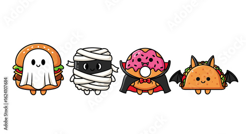 Halloween food characters burger ghost mummy donut vampire taco bat cute spooky october party cartoon