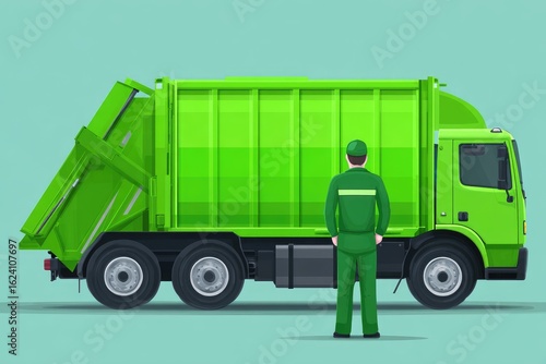 Green garbage truck and worker