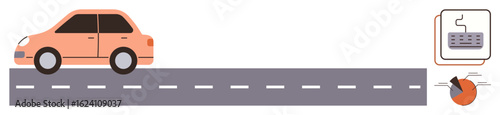 Compact car driving on a gray road, accompanied by gearbox schematic and a pie chart. Ideal for automotive research, traffic studies, mechanical systems, data analytics, transportation planning