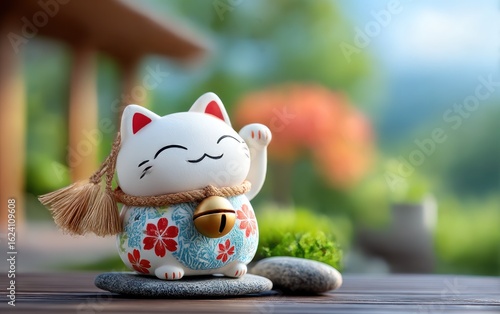 Cute cat figurine in garden setting