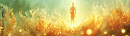 Ethereal figure amidst glowing flora in a magical dreamlike landscape