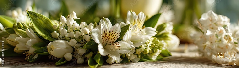 Fototapeta premium Lily gardenia by flower crown concept. A beautiful floral arrangement featuring delicate white blossoms.