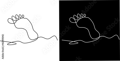 Creative one-line drawing of a human foot, displayed on both white and black backgrounds. Minimalist and modern design ideal for health, wellness, or artistic concepts.
