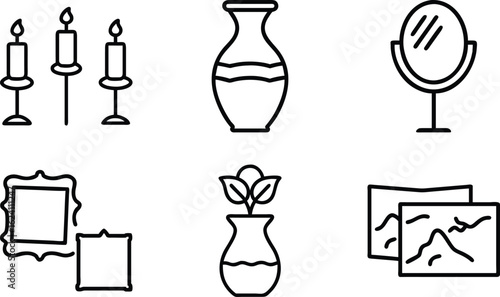 A clean and minimalistic set of six black silhouette icons representing various home decor items, displayed on a white background. This vector style illustration includes a candelabra, decorative vase