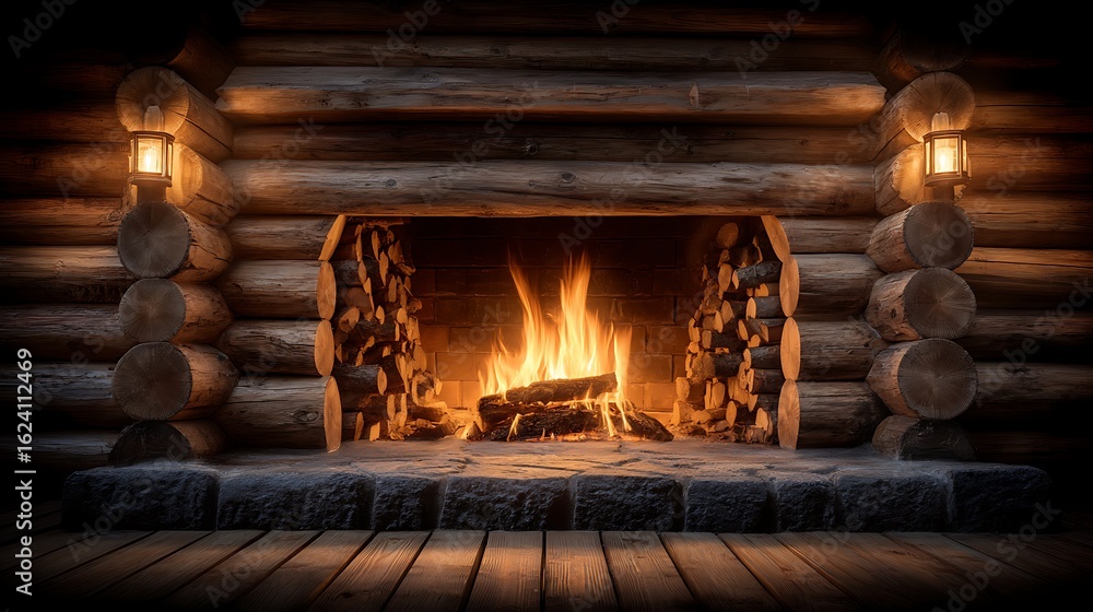 Cozy Fireplace in Log Cabin Warm Fire with Rustic Interior, and Winter Holiday. Cozy Fireplace in Log Cabin Warm Fire with Rustic Interior, and Winter Holiday.