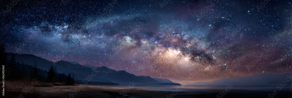 Fototapeta premium Starlit Tranquility: A Celestial Symphony of Nighttime Splendor in an Astral Night Scenery