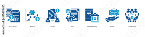 Financial Structure banner web icon set vector illustration concept with icon of accounting, analysis, equity, bond, mobile banking, money, credit union
