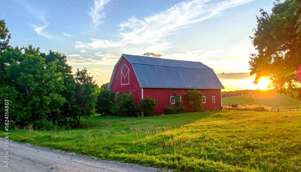 Obraz premium Picturesque Red Barn at Sunset with Wispy Clouds, Serene Country Landscape with a Classic American Barn and Golden Hour Sunlight