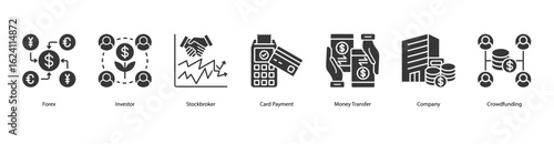 Investment Network banner web icon set vector illustration concept with icon of forex, investor, stockbroker, card payment, money transfer, company, crowdfunding