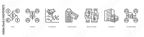 Investment Network banner web icon set vector illustration concept with icon of forex, investor, stockbroker, card payment, money transfer, company, crowdfunding