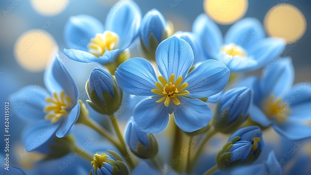 Fototapeta premium Close up of delicate blue flowers with yellow centers and soft bokeh background petals