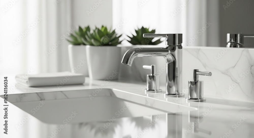 Fototapeta premium Modern Bathroom Sink with Chrome Faucet and Plants