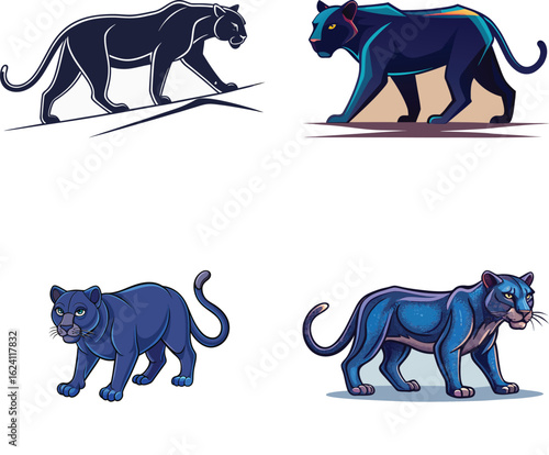 "Stylized Panther Illustrations in Motion: Silhouettes and Detailed Forms"