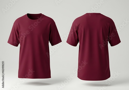 Front and back view of a blank oversized maroon tee shirt. Clean cotton apparel mockup floating on a plain studio background.