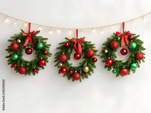 christmas decoration on white background. Stunning Christmas Wreath with Red Bo. Christmas Lights 