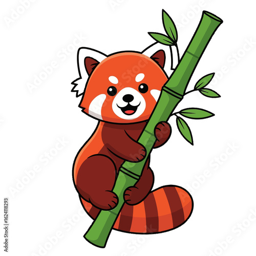 A cartoon red panda happily clinging to a green bamboo stalk.
