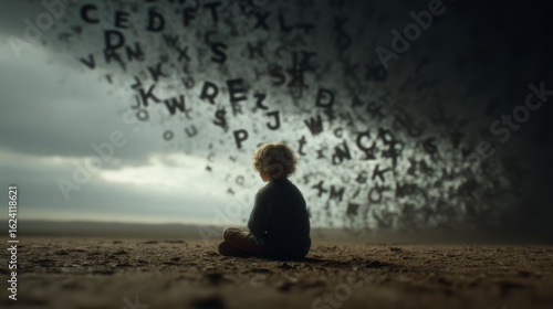 Child Sitting Alone with Floating Letters in a Dramatic Sky Over a Desert Landscape