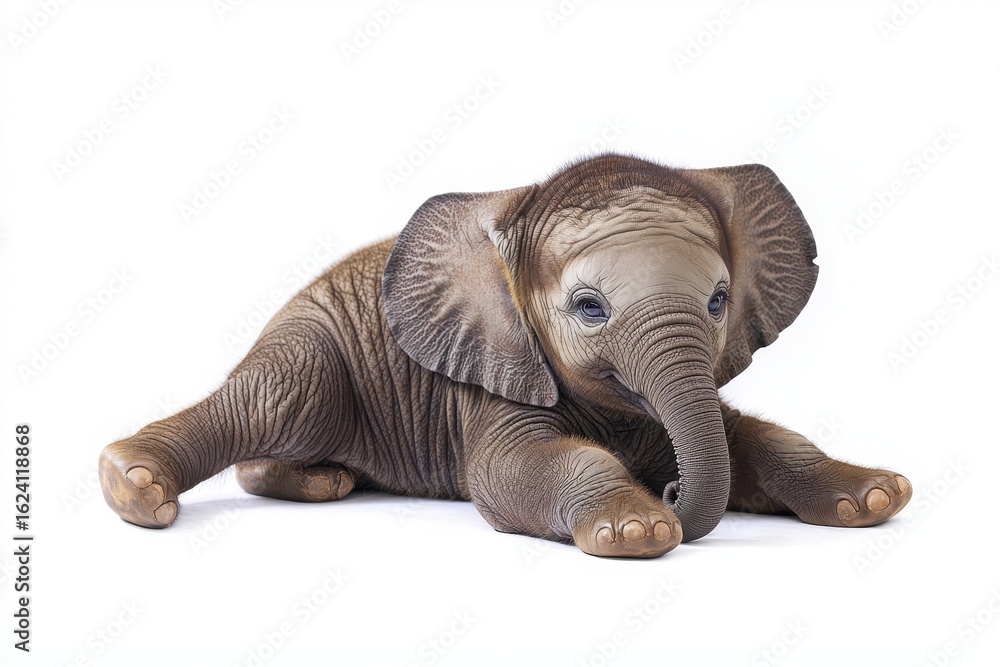 Fototapeta premium Baby Elephant Resting on White Background
